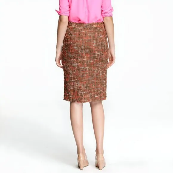 J Crew Taupe Khaki Green Coral Pink Chunky Boucle Pencil Twill Tweed Skirt XS 2