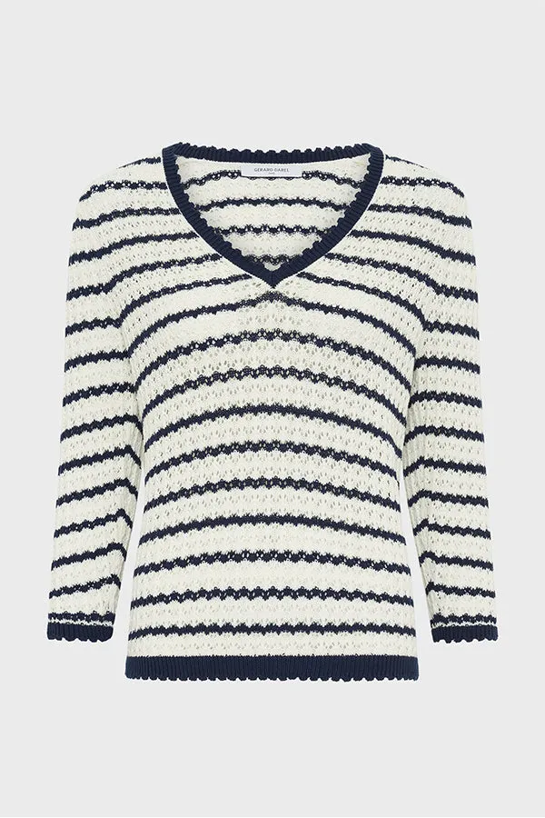 JAINA STRIPED CROCHET V-NECK SWEATER