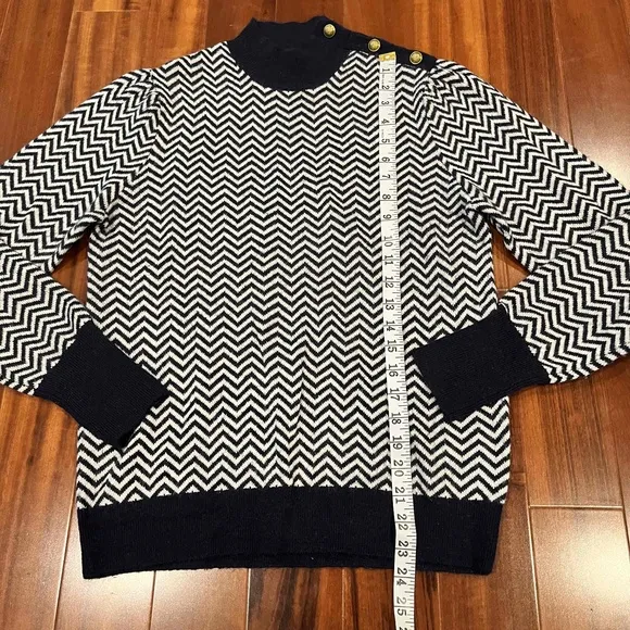J.Crew Navy White Alpaca Blend Sweater Chevron Mock Turtleneck Gold Button Sz M
