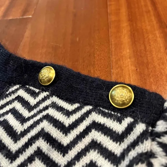 J.Crew Navy White Alpaca Blend Sweater Chevron Mock Turtleneck Gold Button Sz M