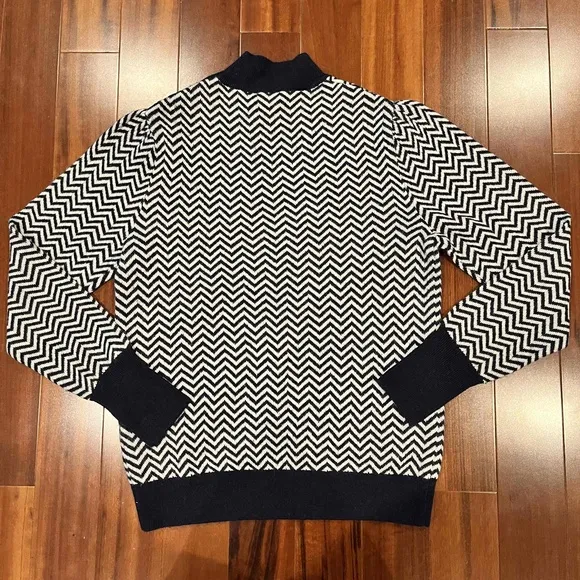 J.Crew Navy White Alpaca Blend Sweater Chevron Mock Turtleneck Gold Button Sz M