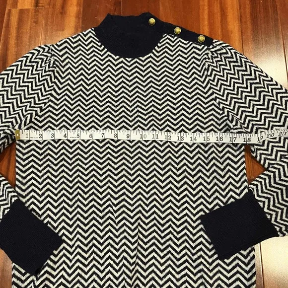 J.Crew Navy White Alpaca Blend Sweater Chevron Mock Turtleneck Gold Button Sz M