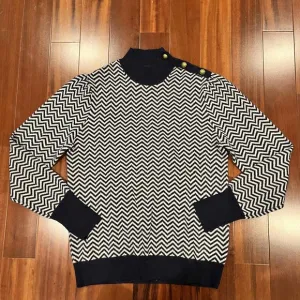 J.Crew Navy White Alpaca Blend Sweater Chevron Mock Turtleneck Gold Button Sz M