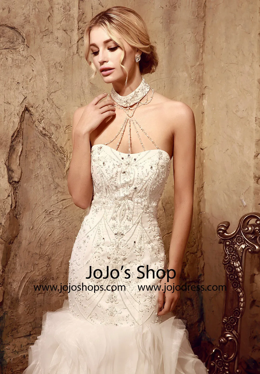 Jeweled Strapless Fit and Flare Wedding Dress | HL1004