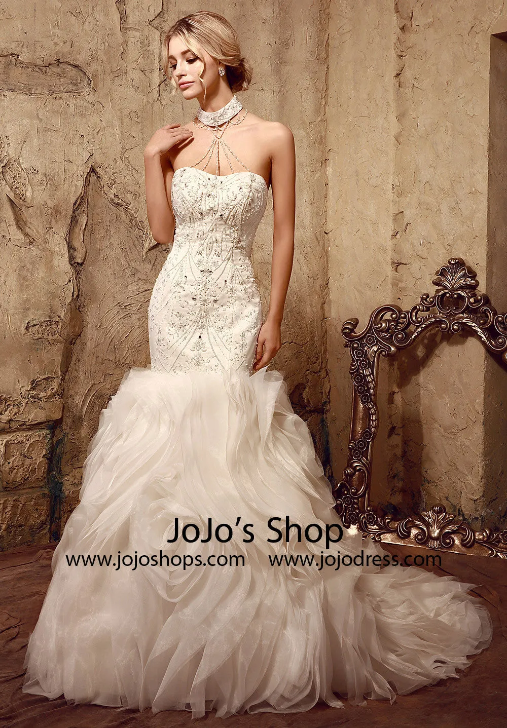 Jeweled Strapless Fit and Flare Wedding Dress | HL1004