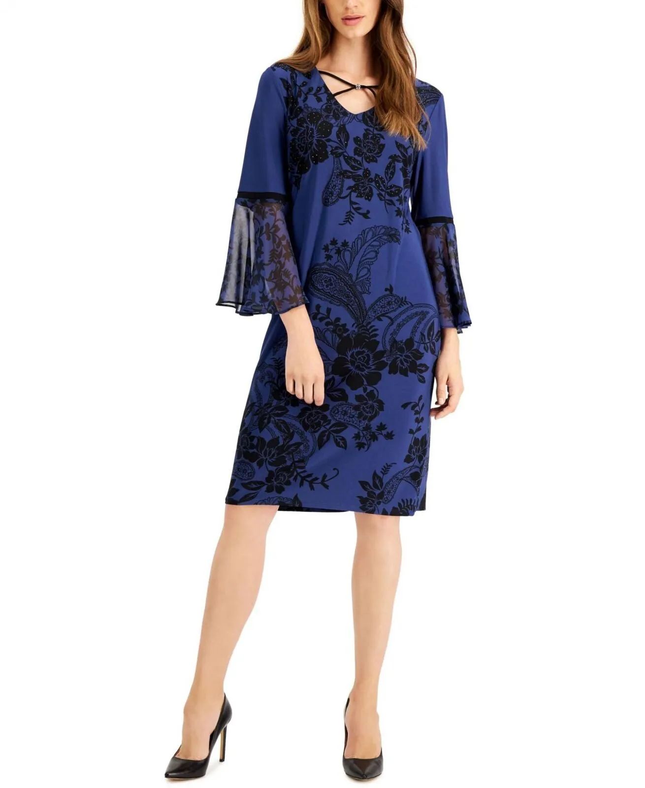 Jm Collection Womens Petite Holiday Blossom Shift Dress Intrepid Blue Combo PM