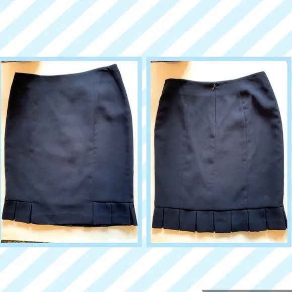 JONES STUDIO navy blue tailored pencil skirt box pleat hem neutral classic