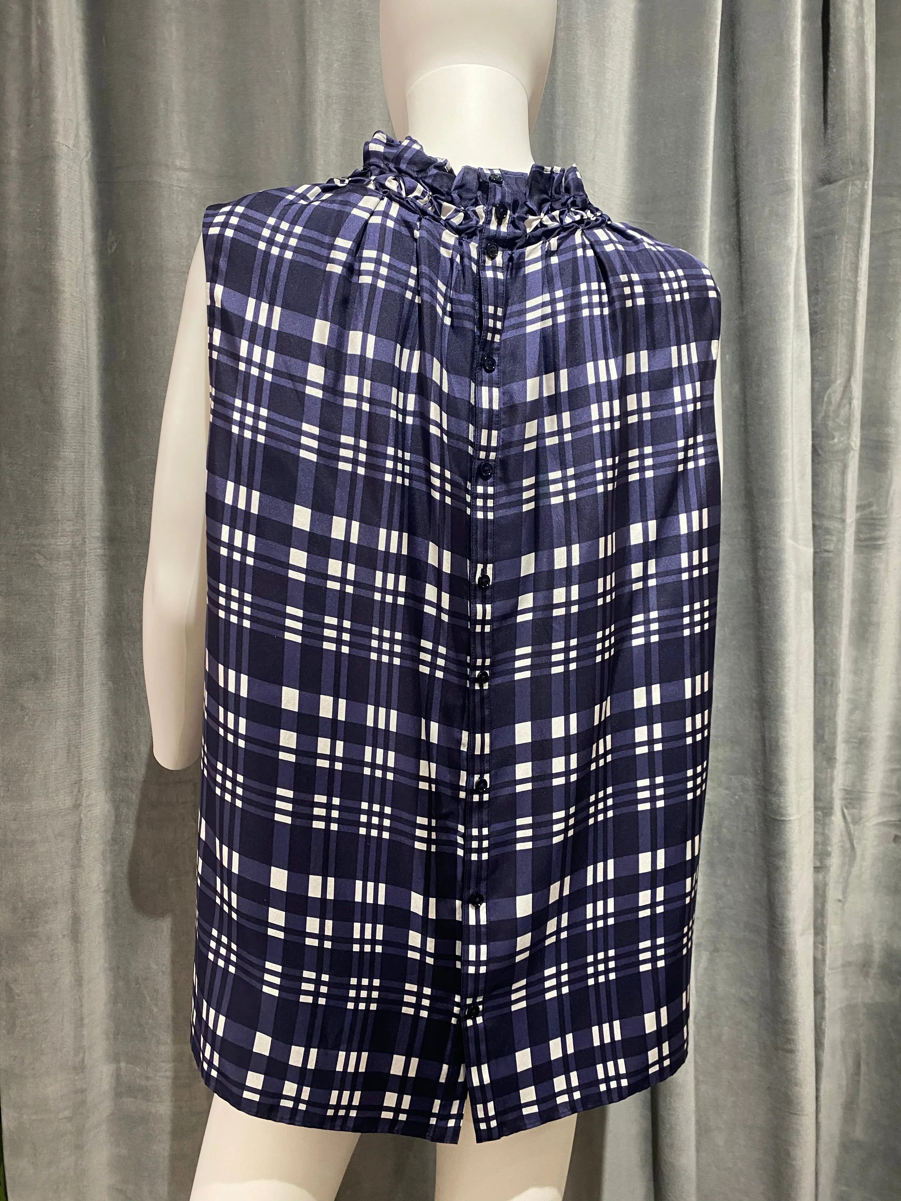 JOSEPH Navy and white Plaid Silk Sleeveless Blouse