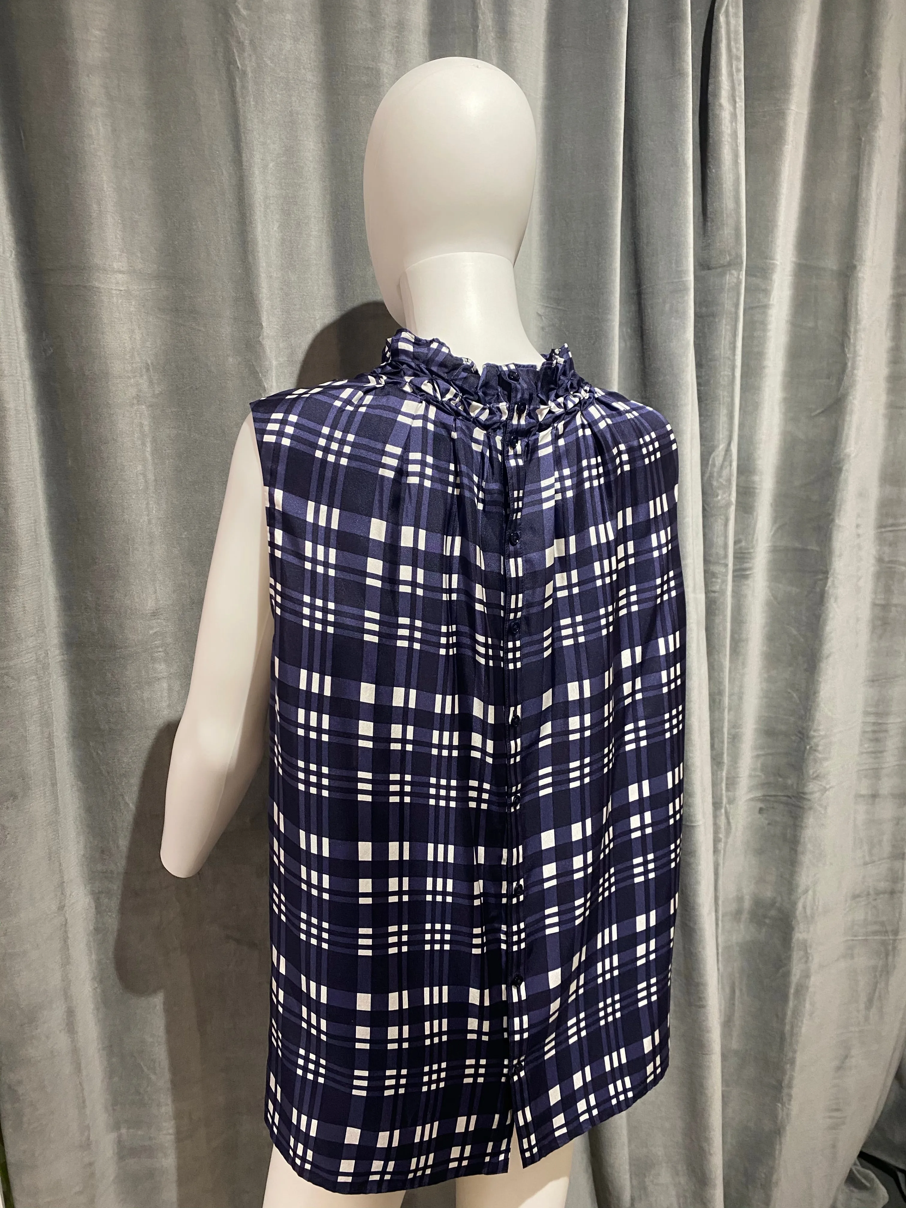 JOSEPH Navy and white Plaid Silk Sleeveless Blouse