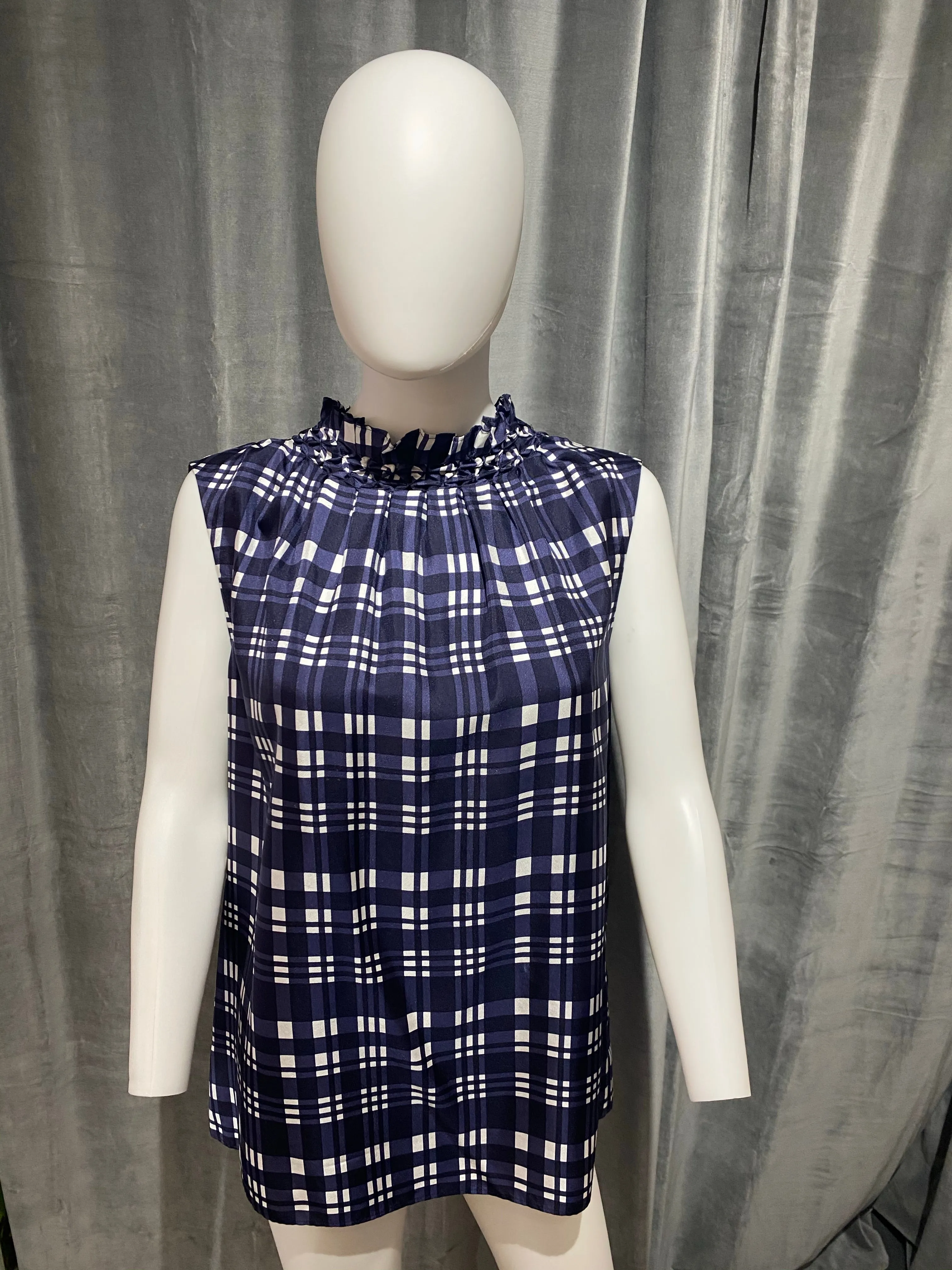 JOSEPH Navy and white Plaid Silk Sleeveless Blouse