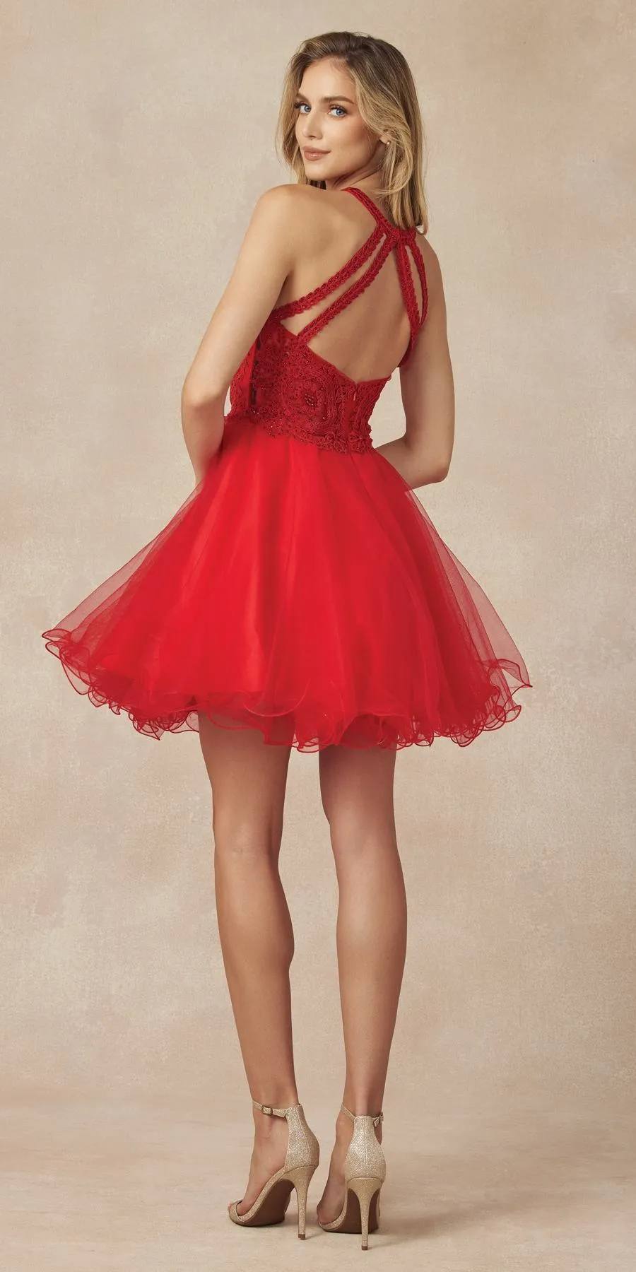 Juliet 826 Fit-and-Flare Halter Neck Short Party Dress