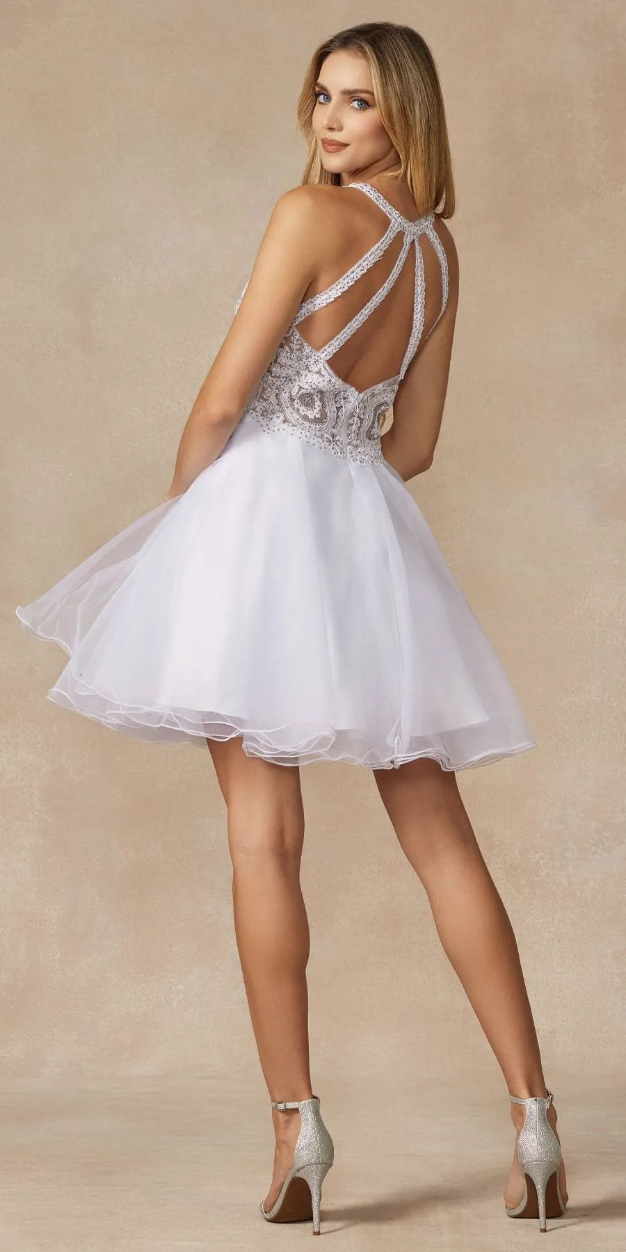 Juliet 826 Fit-and-Flare Halter Neck Short Party Dress
