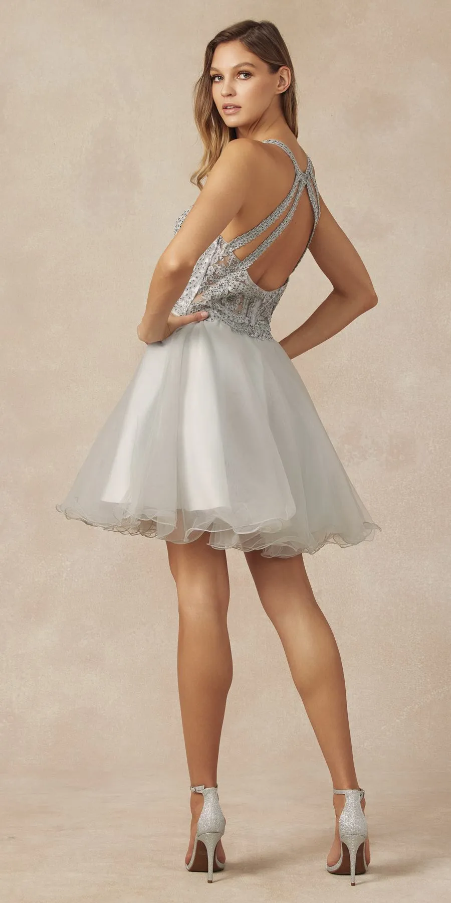 Juliet 826 Fit-and-Flare Halter Neck Short Party Dress
