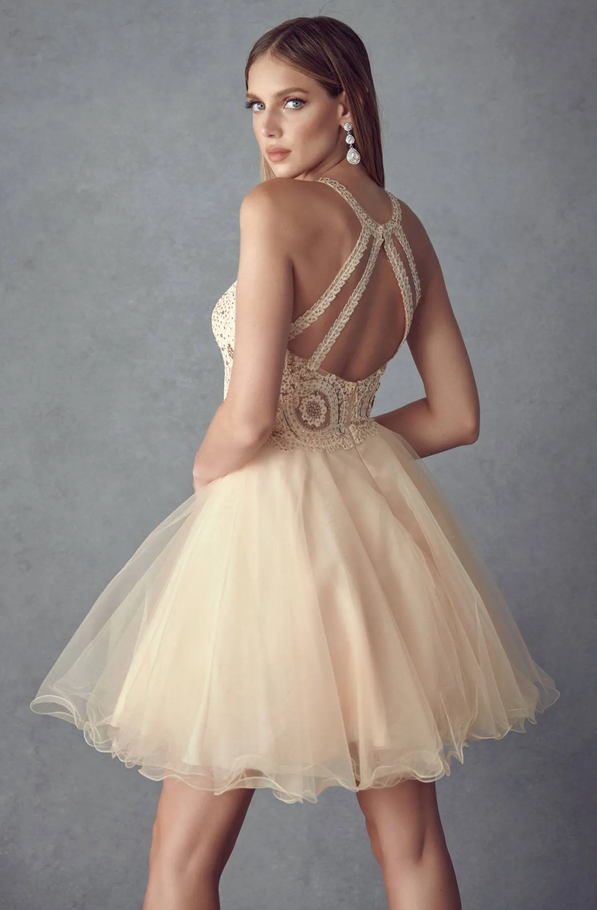 Juliet 826 Fit-and-Flare Halter Neck Short Party Dress