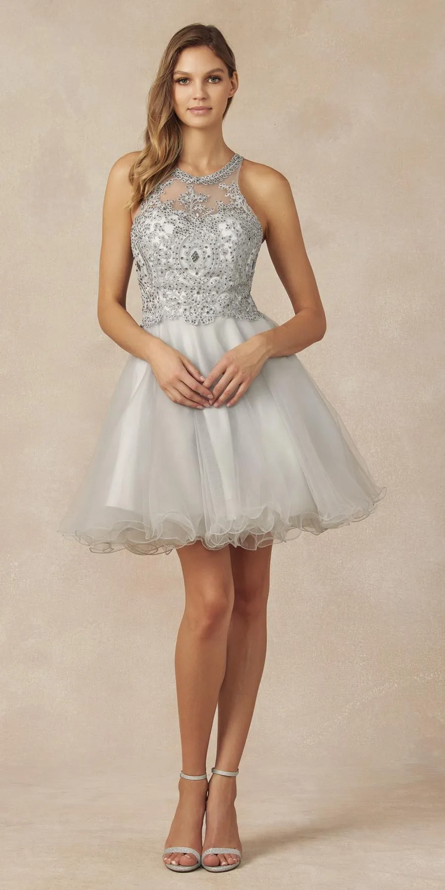 Juliet 826 Fit-and-Flare Halter Neck Short Party Dress