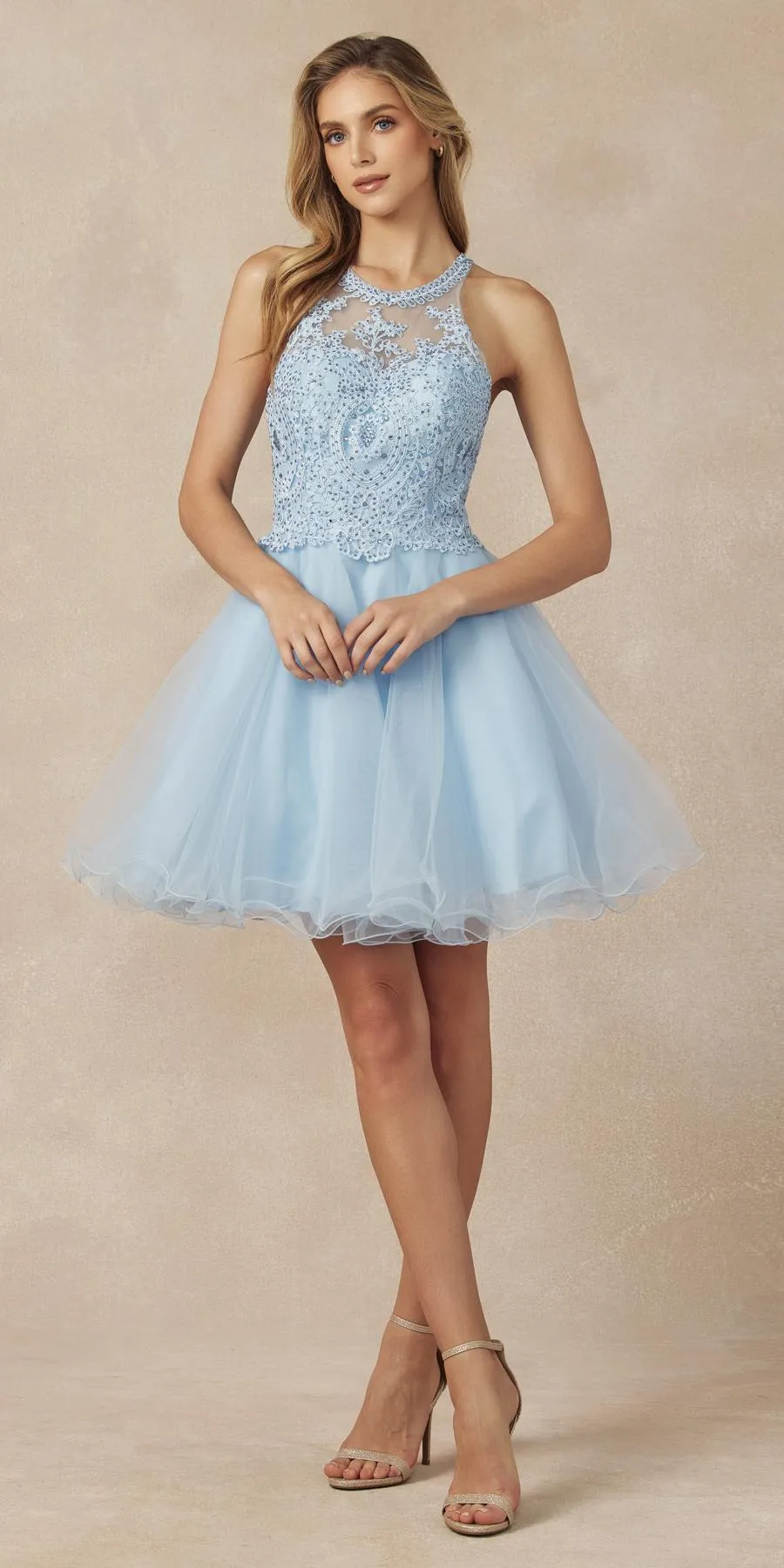 Juliet 826 Fit-and-Flare Halter Neck Short Party Dress