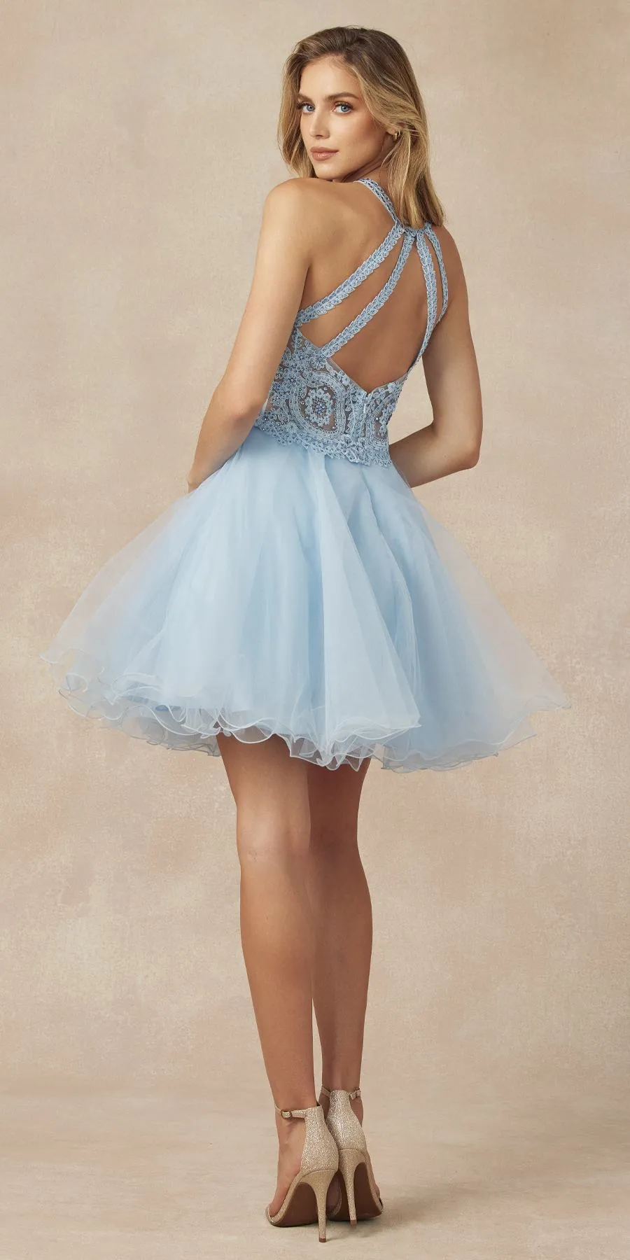 Juliet 826 Fit-and-Flare Halter Neck Short Party Dress