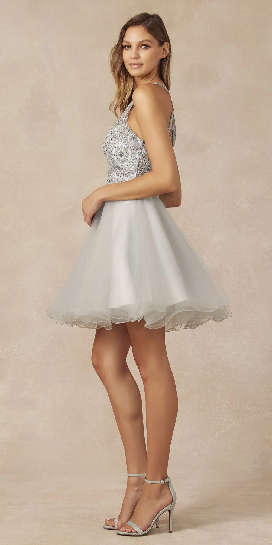 Juliet 826 Fit-and-Flare Halter Neck Short Party Dress