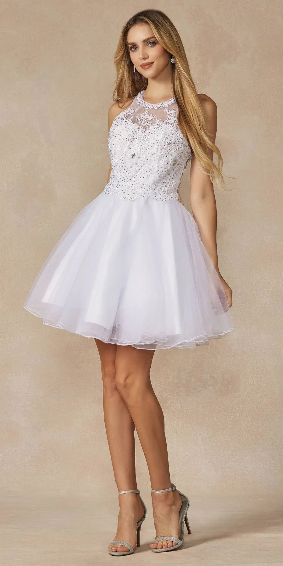 Juliet 826 Fit-and-Flare Halter Neck Short Party Dress