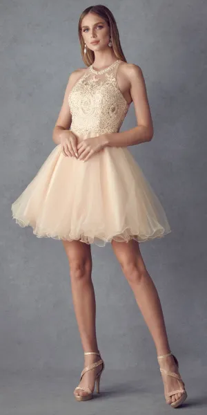 Juliet 826 Fit-and-Flare Halter Neck Short Party Dress