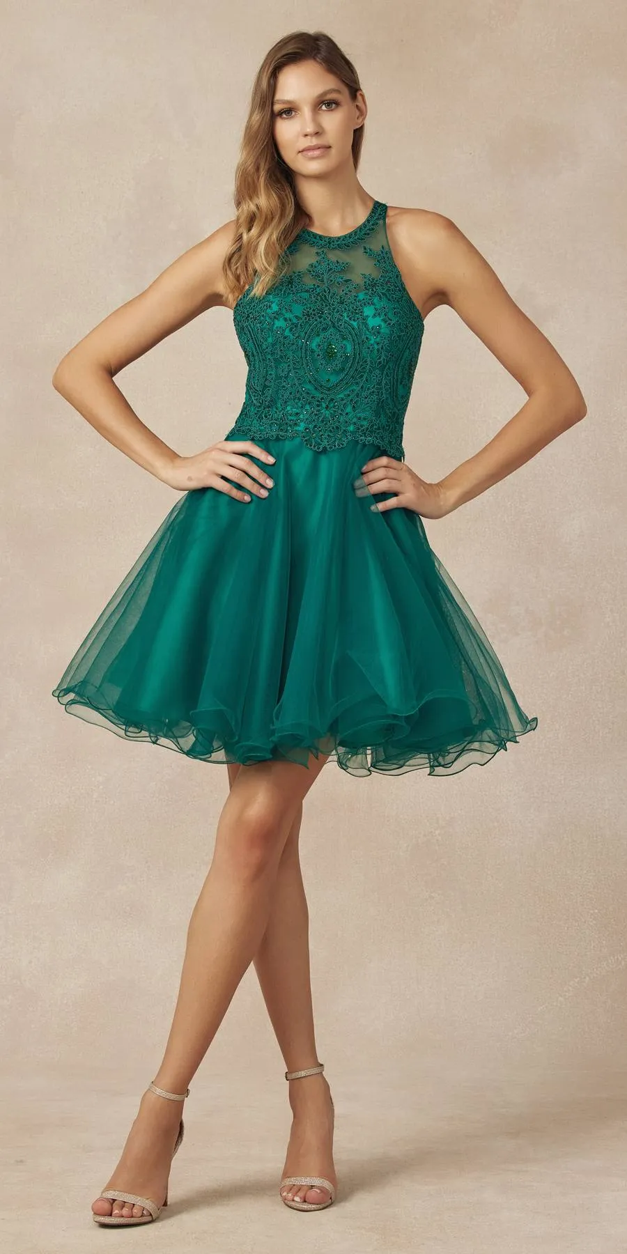Juliet 826 Fit-and-Flare Halter Neck Short Party Dress