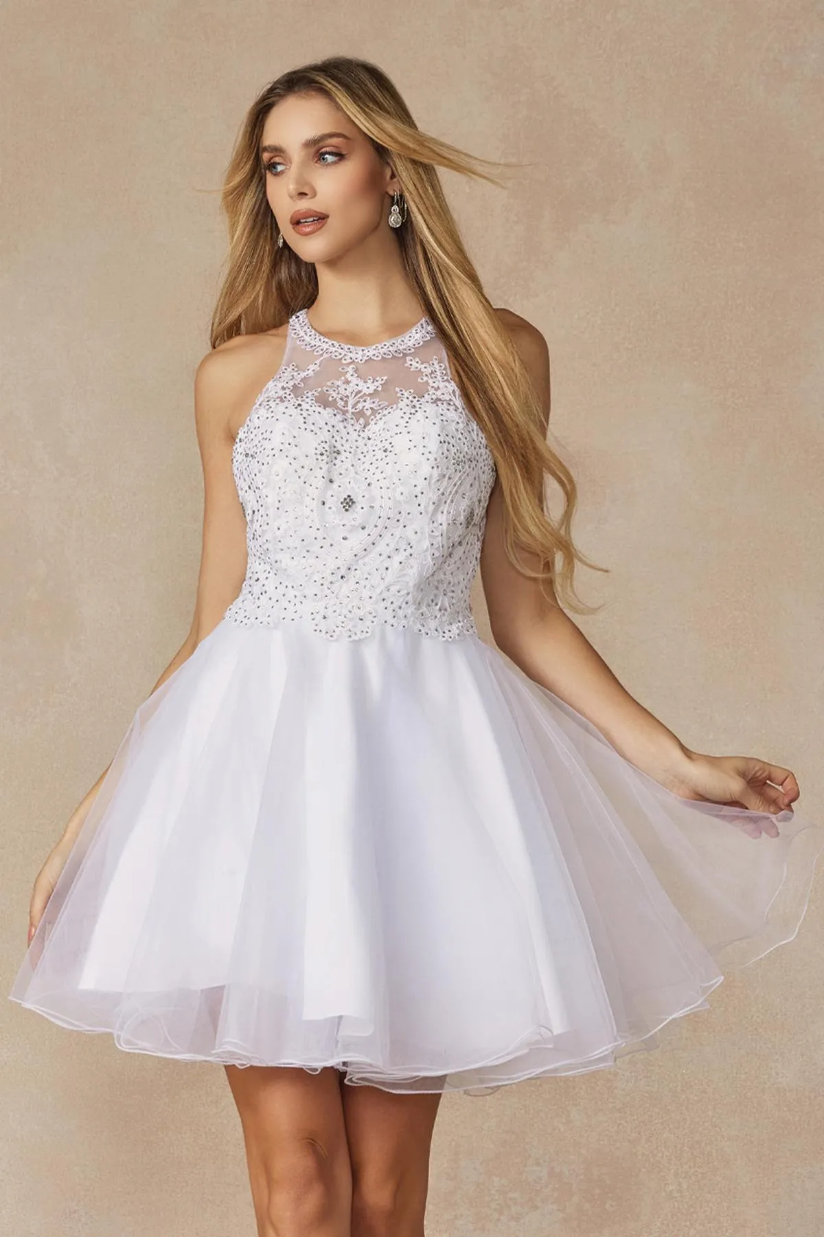 Juliet 826 Fit-and-Flare Halter Neck Short Party Dress