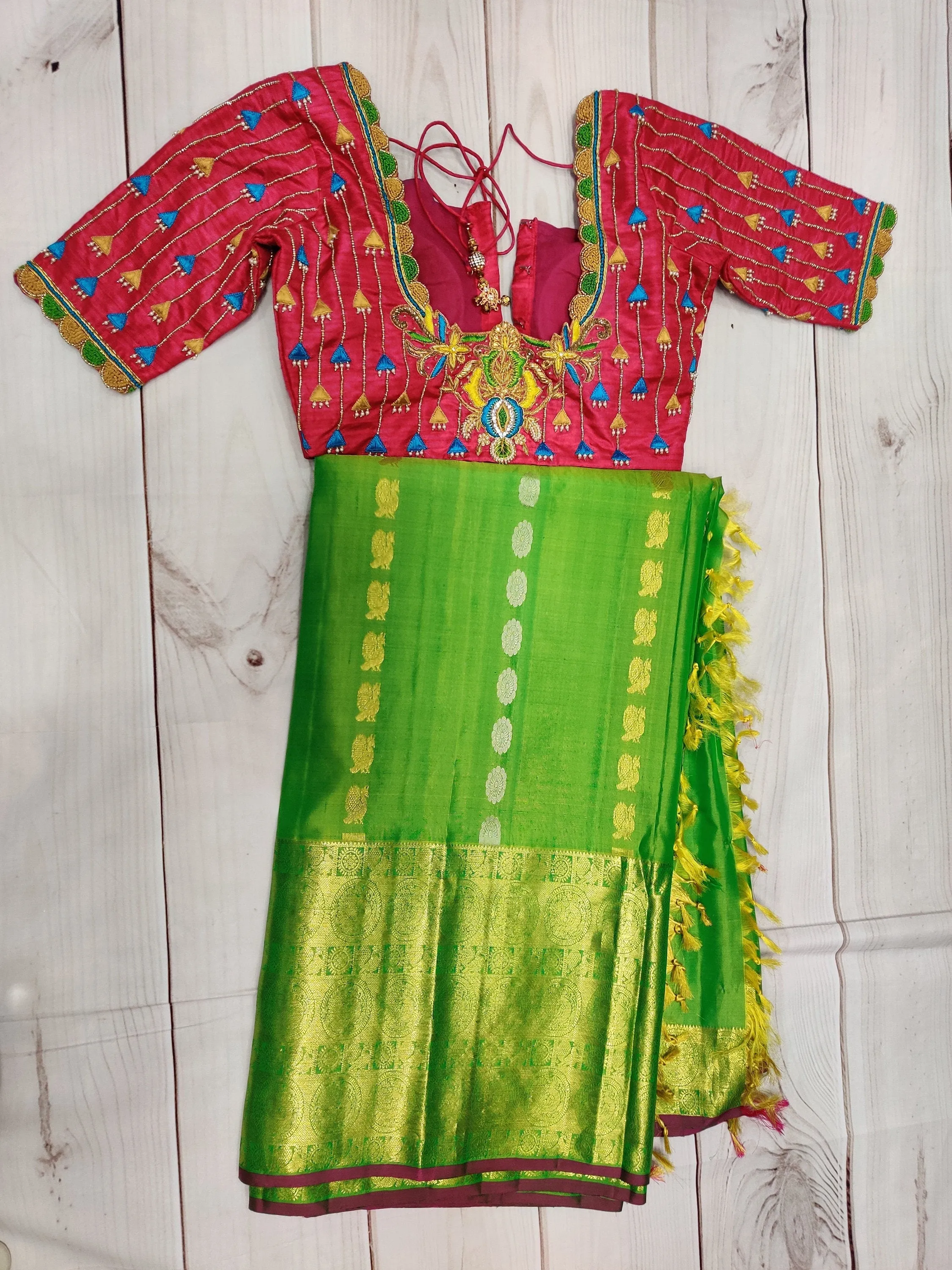 Kanchivaram saree stitched blouse green saree pink blouse silk saree traditional saree handloom sare pure silk saree maggam work blouse