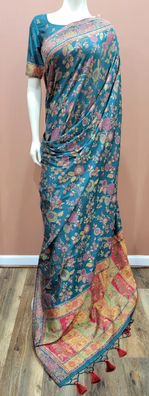 Kani Silk Saree W/ Blouse in Dark Cyan