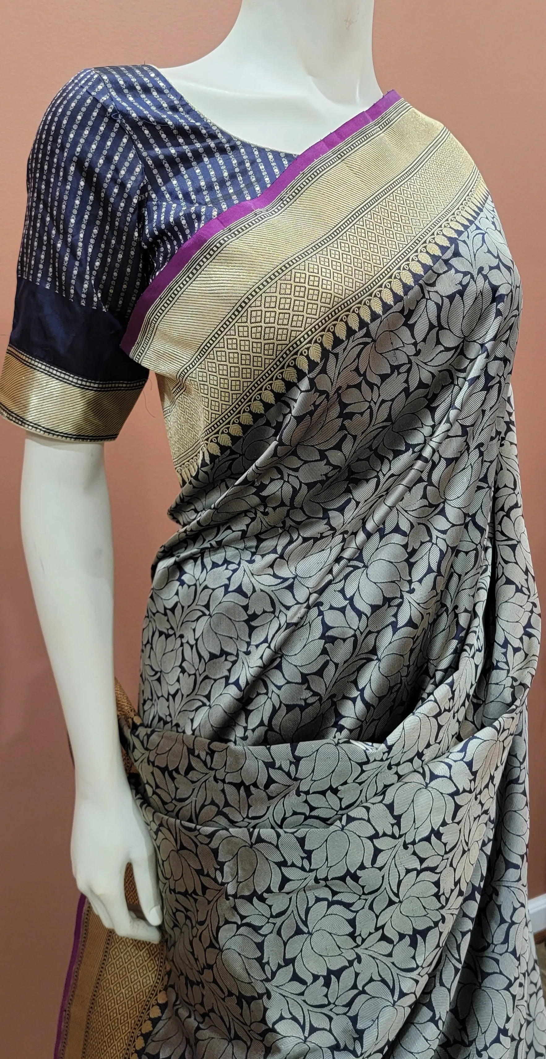 Katan Banaras Saree in Navy Blue