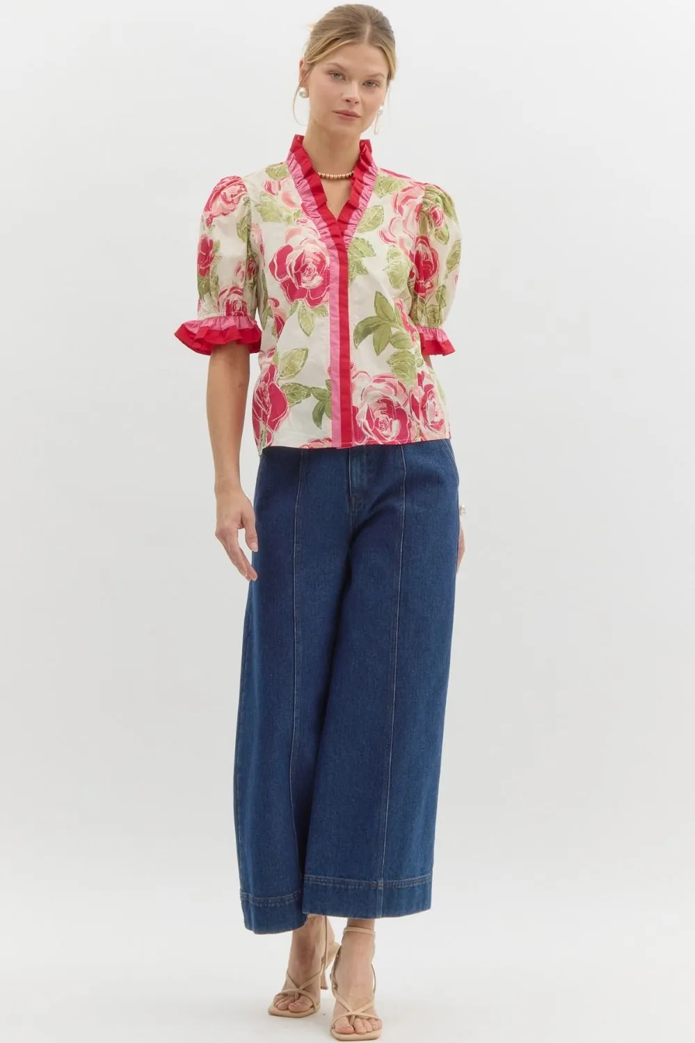 Kelly Floral Ruffle Neck Blouse