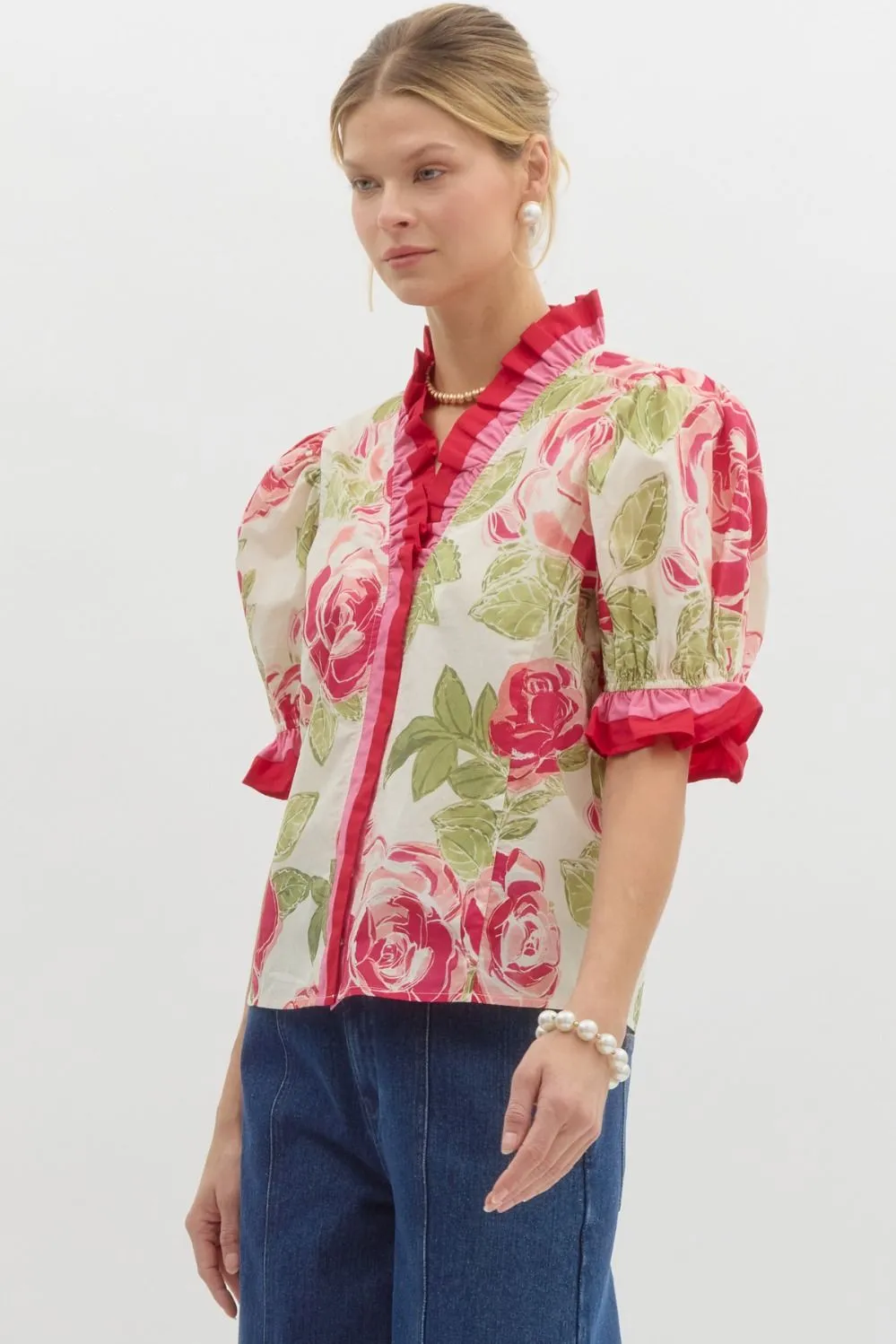 Kelly Floral Ruffle Neck Blouse