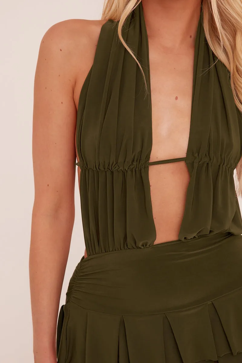 Khaki Plunge Neck Frill Detail Mini Dress - Swan