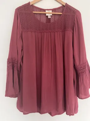 KNOX ROSE Fuchsia Flowy Top Sz XXL Lace Ruffle Flared Long Sleeves Blouse