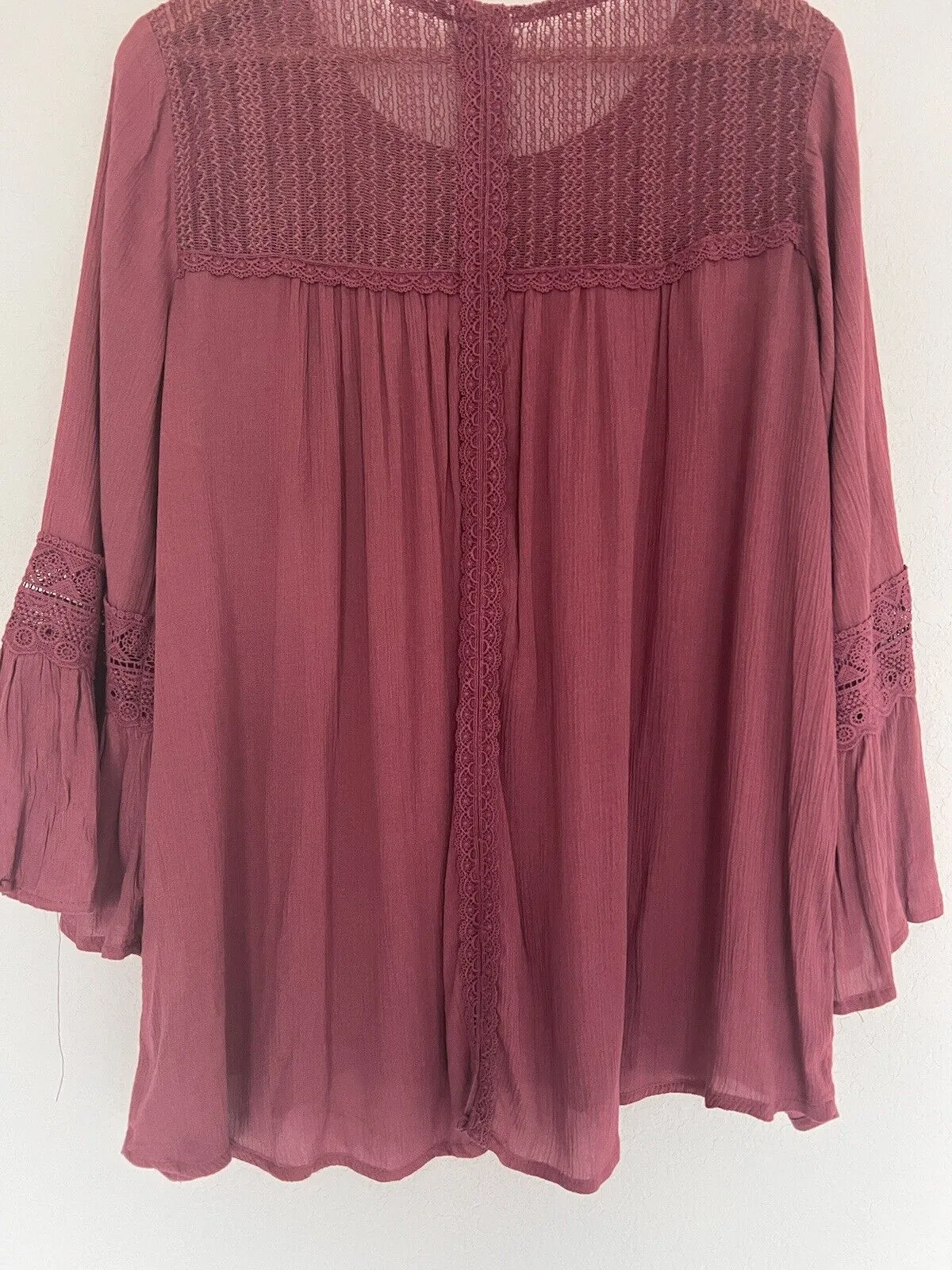 KNOX ROSE Fuchsia Flowy Top Sz XXL Lace Ruffle Flared Long Sleeves Blouse