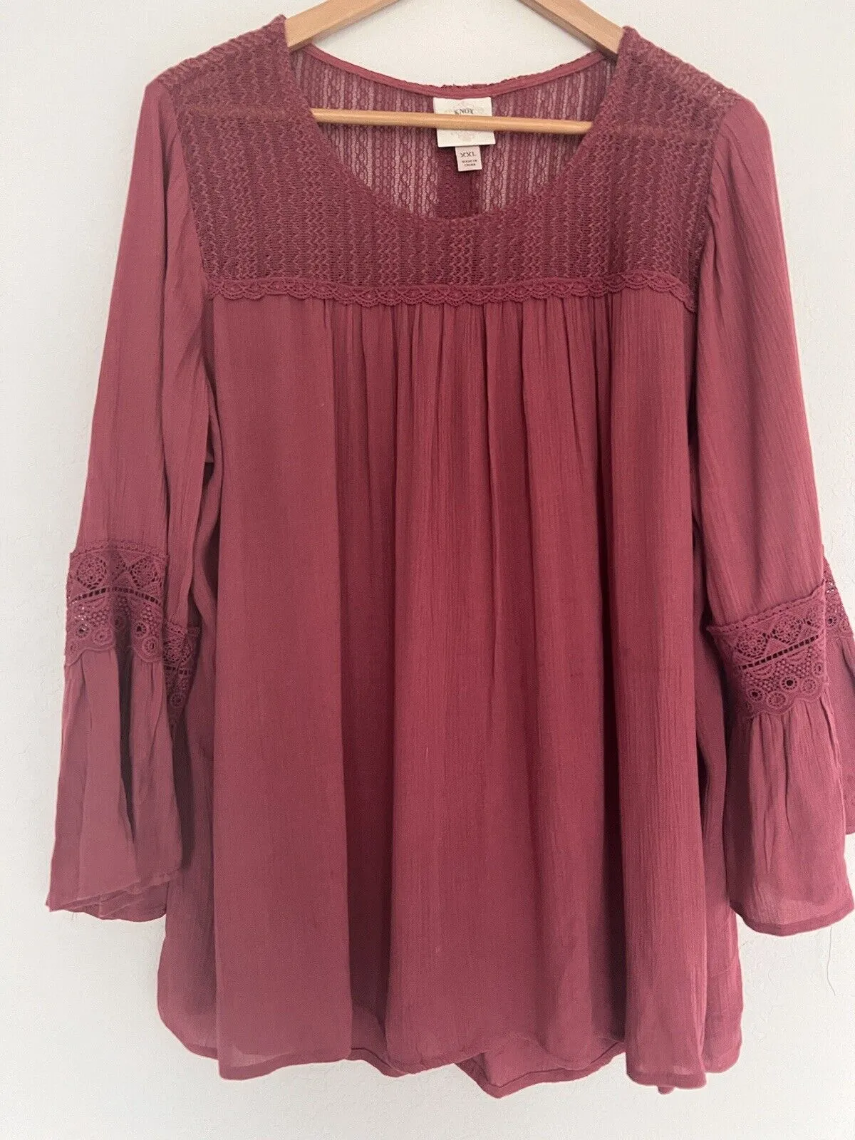 KNOX ROSE Fuchsia Flowy Top Sz XXL Lace Ruffle Flared Long Sleeves Blouse