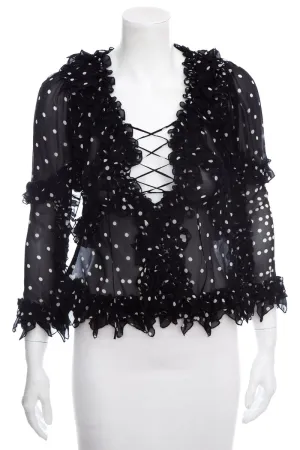 koche Black & White Silk Polka Dot Ruffle Blouse SZ 34