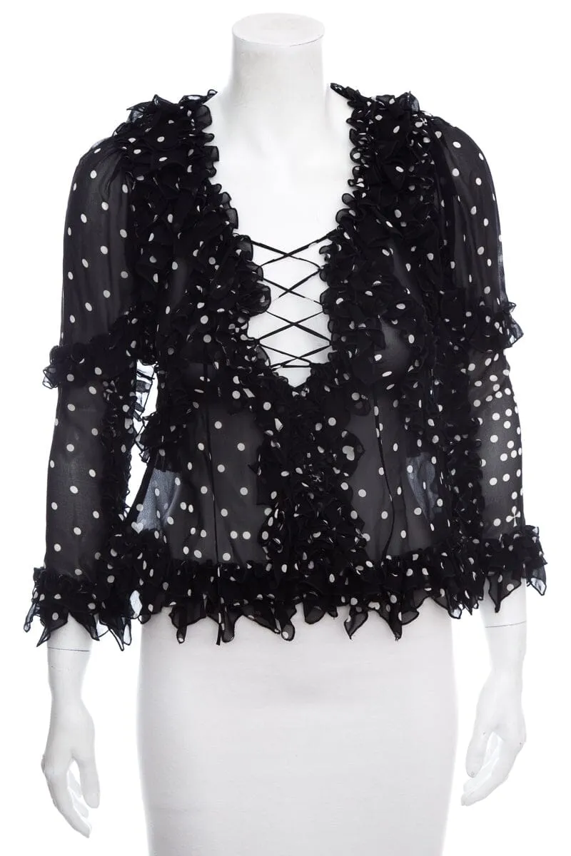 koche Black & White Silk Polka Dot Ruffle Blouse SZ 34