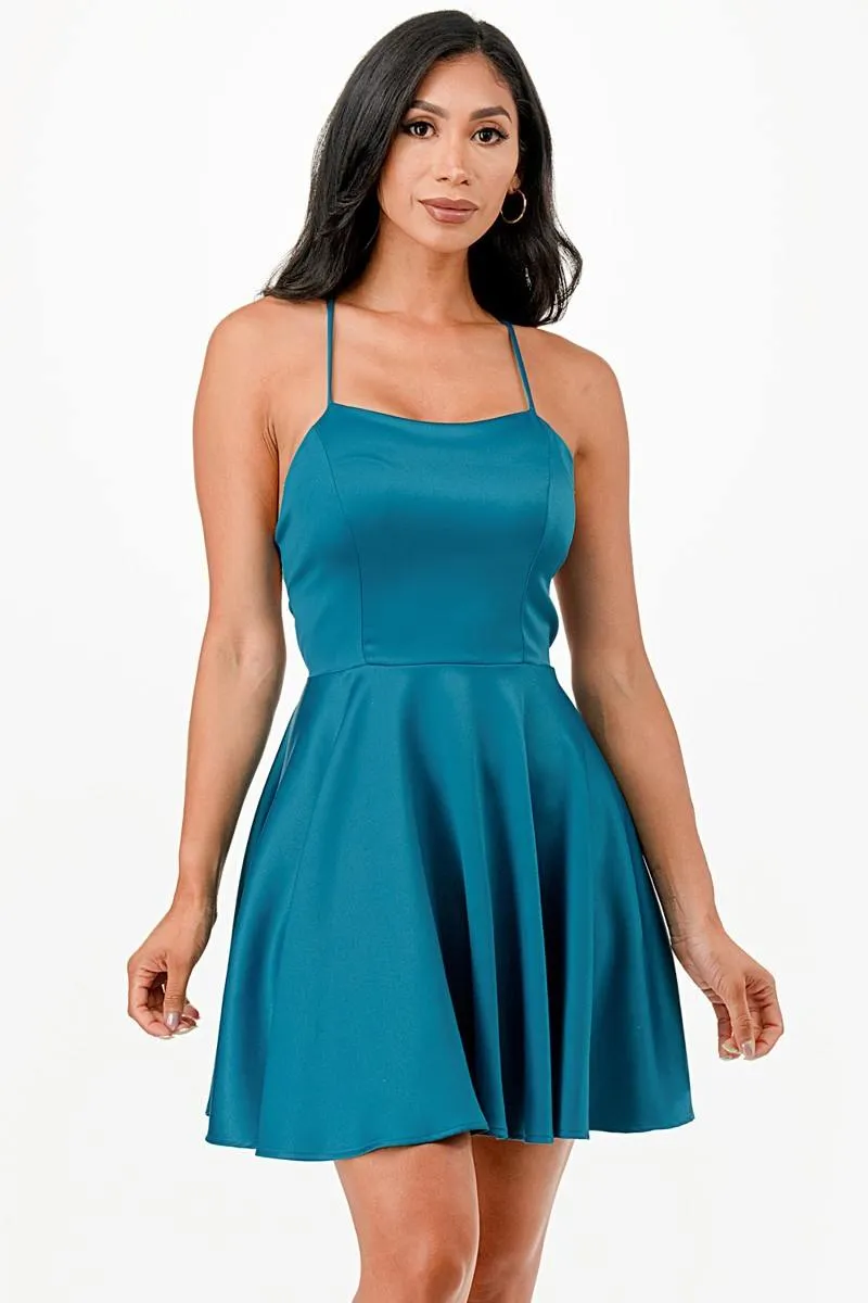 La Scala 25713 Short Fit and Flare Dress Spaghetti Straps Criss Cross Back