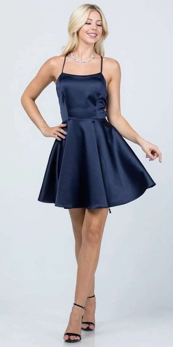La Scala 25713 Short Fit and Flare Dress Spaghetti Straps Criss Cross Back