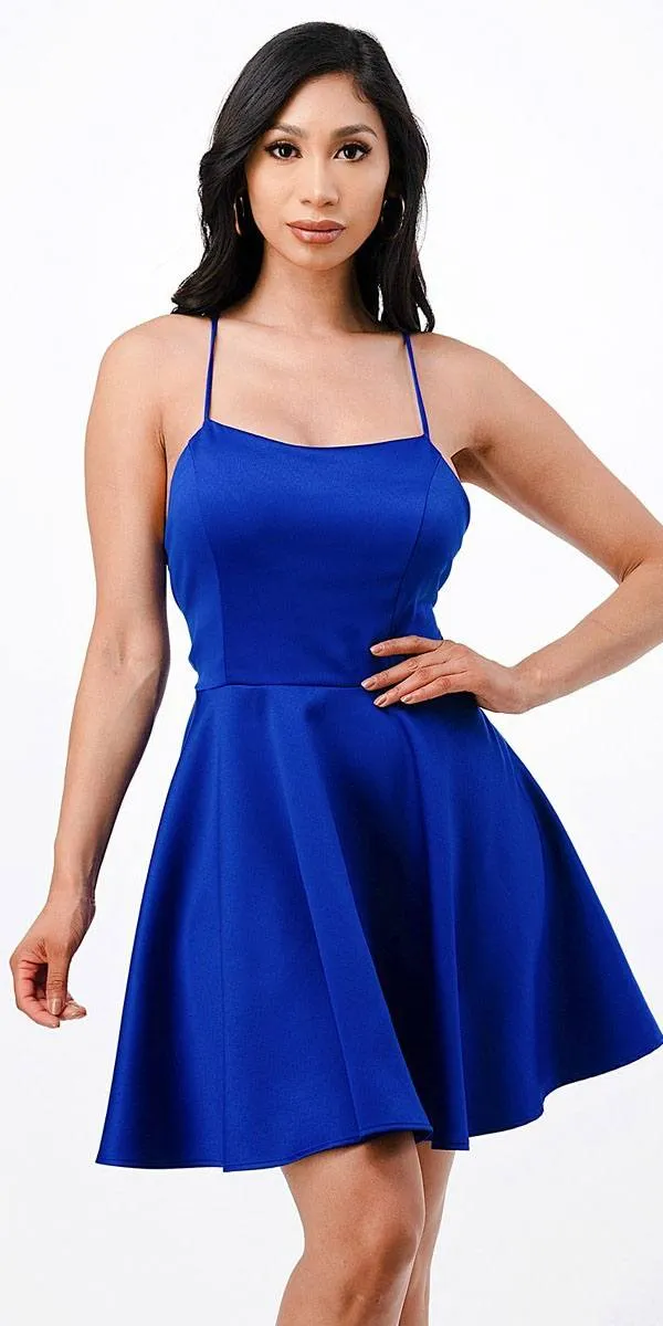 La Scala 25713 Short Fit and Flare Dress Spaghetti Straps Criss Cross Back