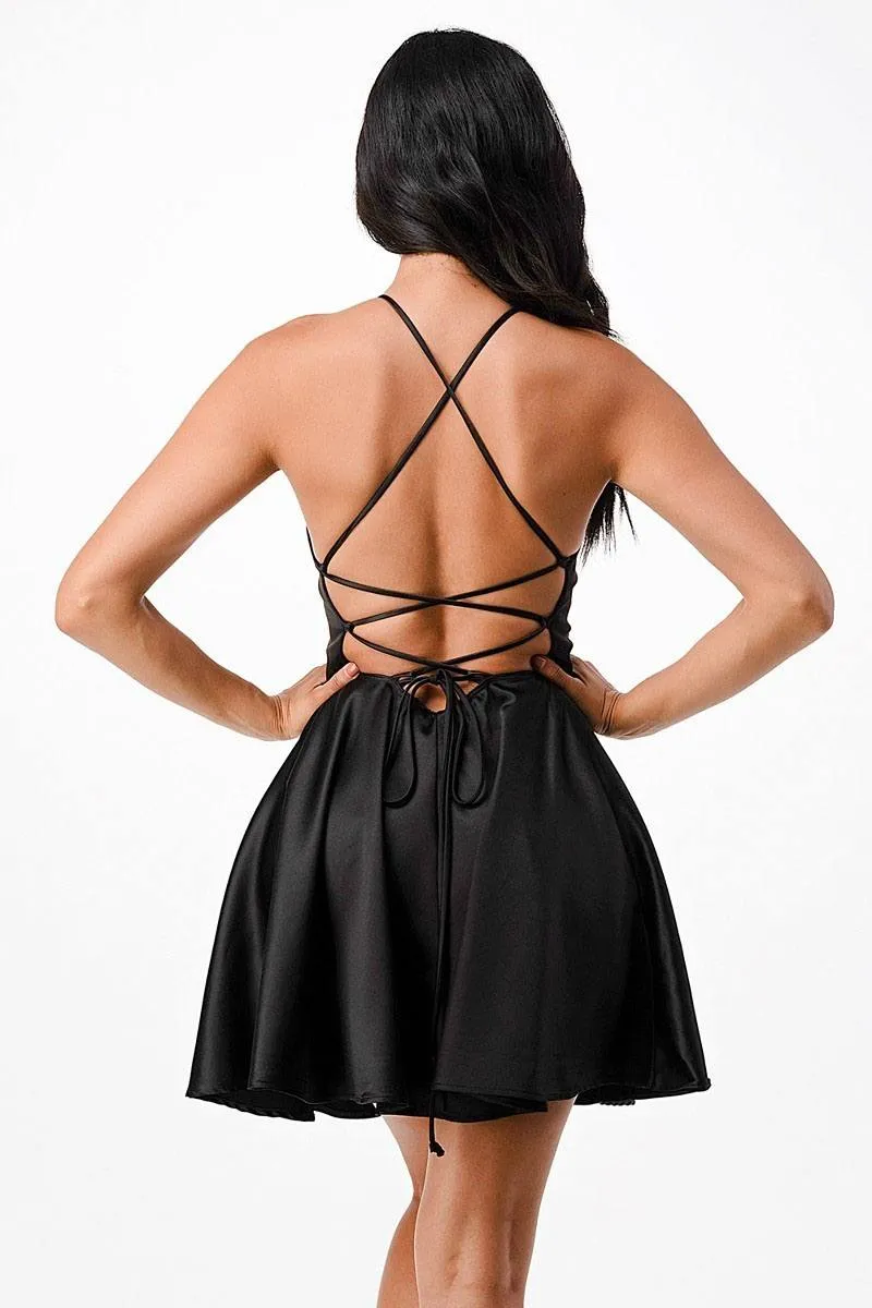 La Scala 25990 Short Fit and Flare Cocktail Dress Spaghetti Straps Criss Cross Back