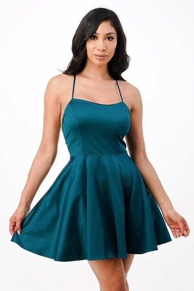 La Scala 25990 Short Fit and Flare Cocktail Dress Spaghetti Straps Criss Cross Back