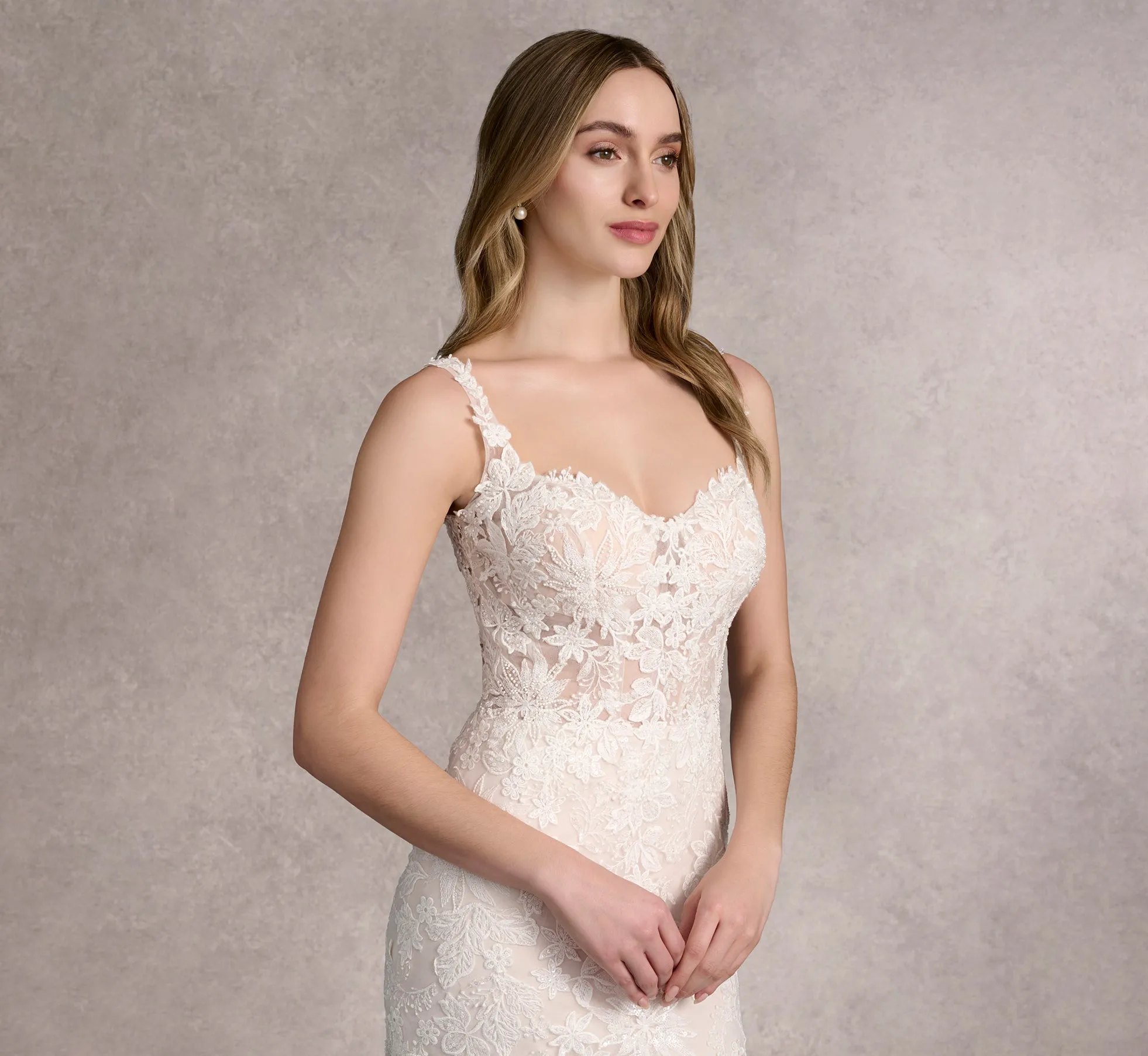 Lace And Tulle Fit And Flare Gown In Ivory/Almond/Nude In Ivory Almond Nude