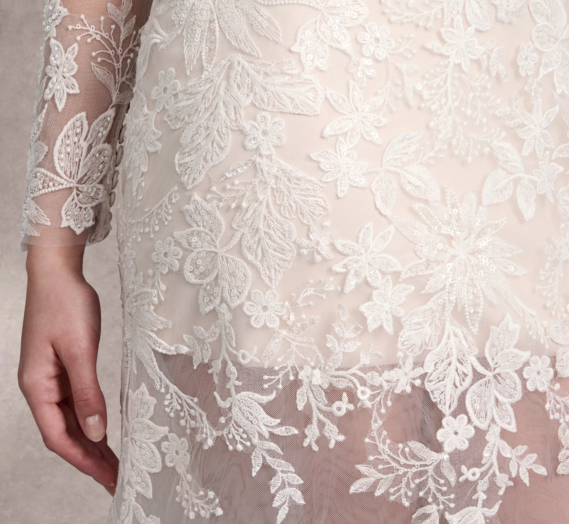 Lace And Tulle Fit And Flare Gown In Ivory/Almond/Nude In Ivory Almond Nude