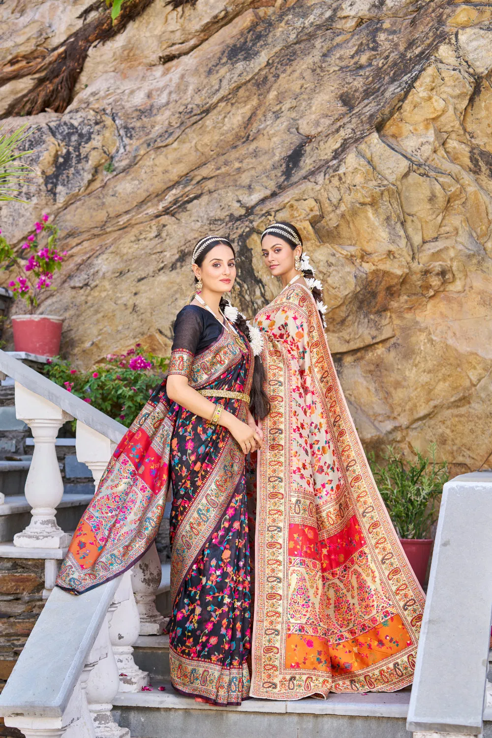 Latest Cream Colour Kashmiri Handloom Weaving Saree With Blouse