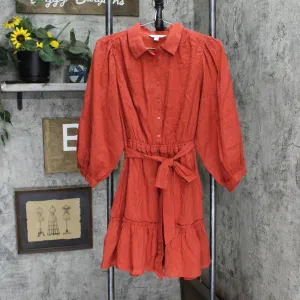 LC Lauren Conrad Womens Pintuck Belted Fit and Flare Dress Burnt Orange Red S