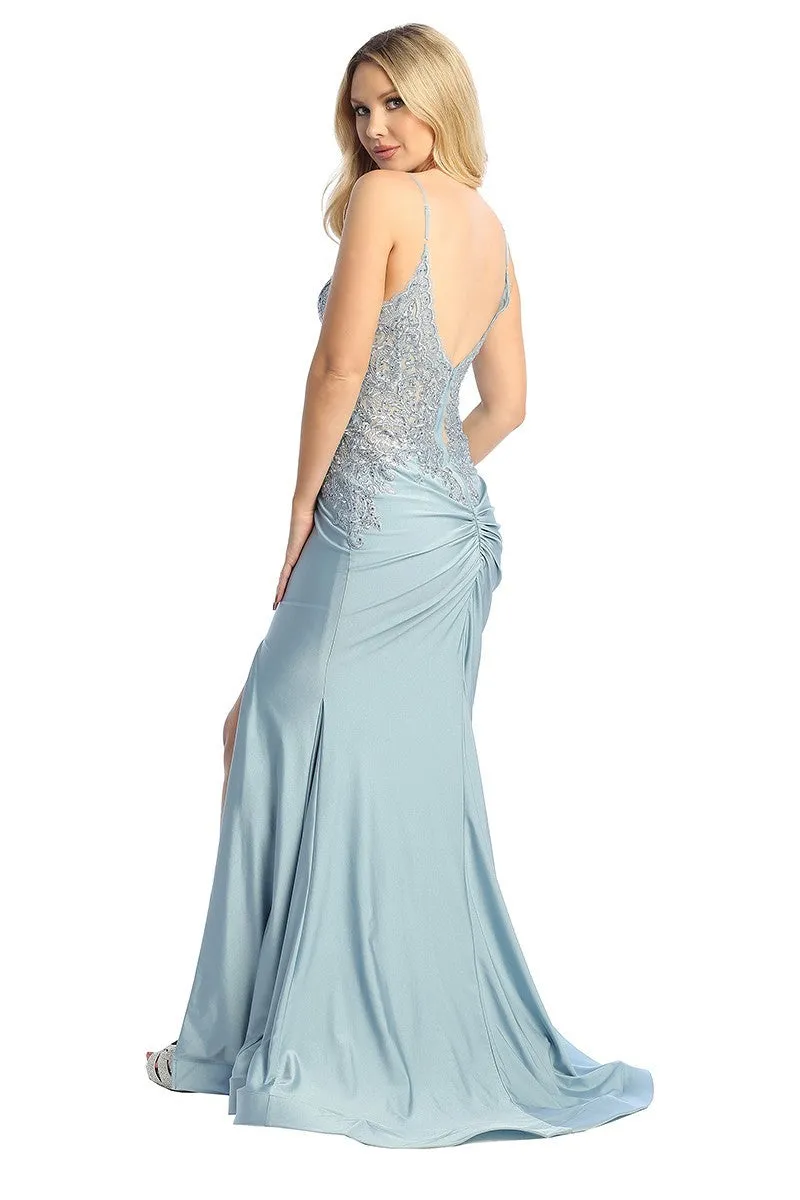 LF 7790 - Stretch Satin Fit & Flare Prom Gown with Sheer Bead & Lace Embellished Bodice
