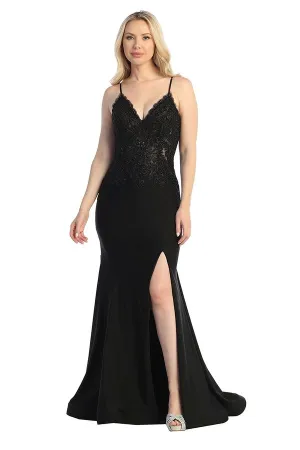 LF 7790 - Stretch Satin Fit & Flare Prom Gown with Sheer Bead & Lace Embellished Bodice