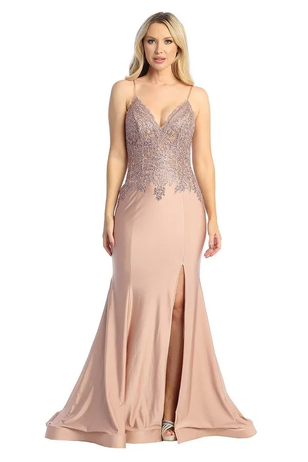 LF 7790 - Stretch Satin Fit & Flare Prom Gown with Sheer Bead & Lace Embellished Bodice