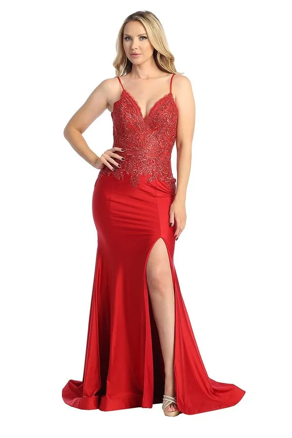 LF 7790 - Stretch Satin Fit & Flare Prom Gown with Sheer Bead & Lace Embellished Bodice